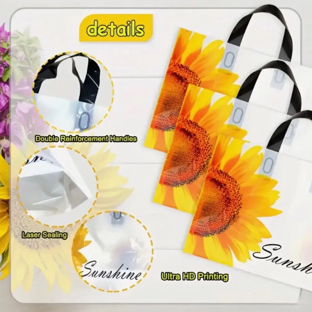 Sunshine Sunflower Plastic Tote Bags - 10 pcs
